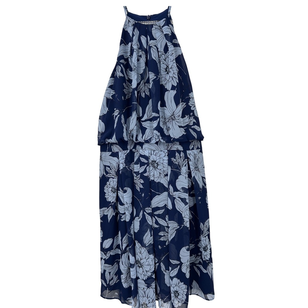 Eliza J Navy Blue Floral Halter Neck Blouson Pleated Chiffon Dress Size 8 - Picture 2 of 7